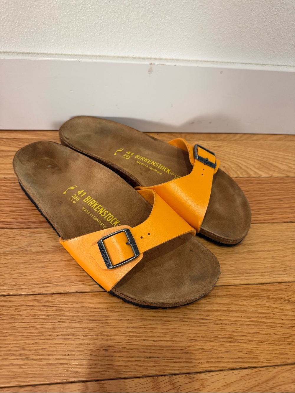 Birkenstock Single Strap Sandals in Orange with Black Buckles